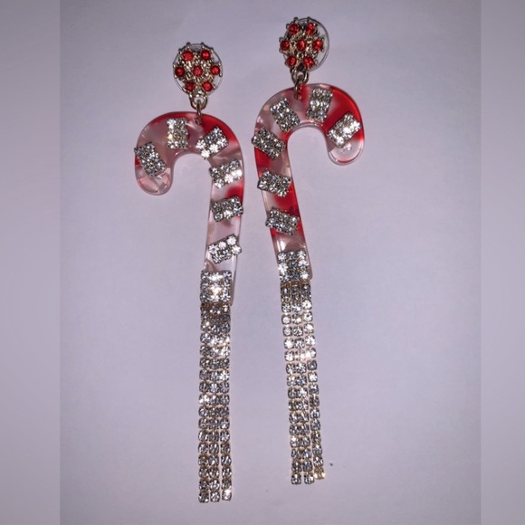 Acrylic and Jewelled Red and Clear Candy Cane Dangle Earrings - Picture 1 of 4